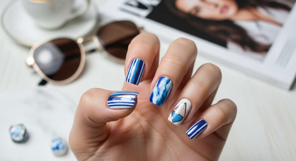 featured: chic & cool: why blue and white nails are this season's must have